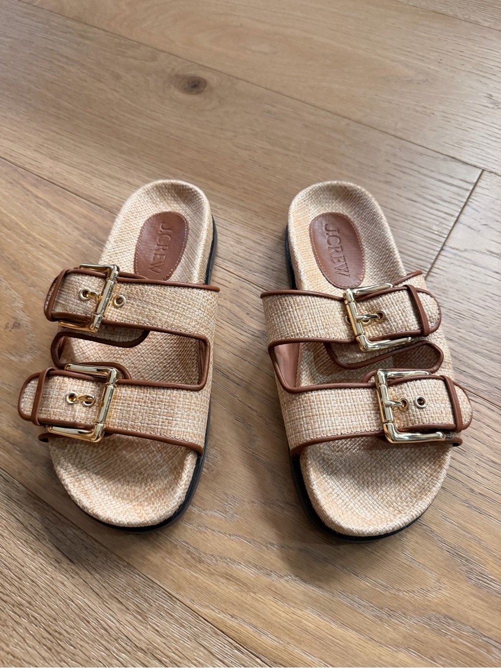 J. Crew Tan Straw Slide Sandals with Gold Buckles